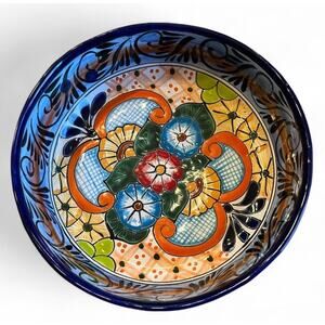 Vibrant Ceramic Bowl Dish Centerpiece Made Mexico Floral Blue Orange Maximalist